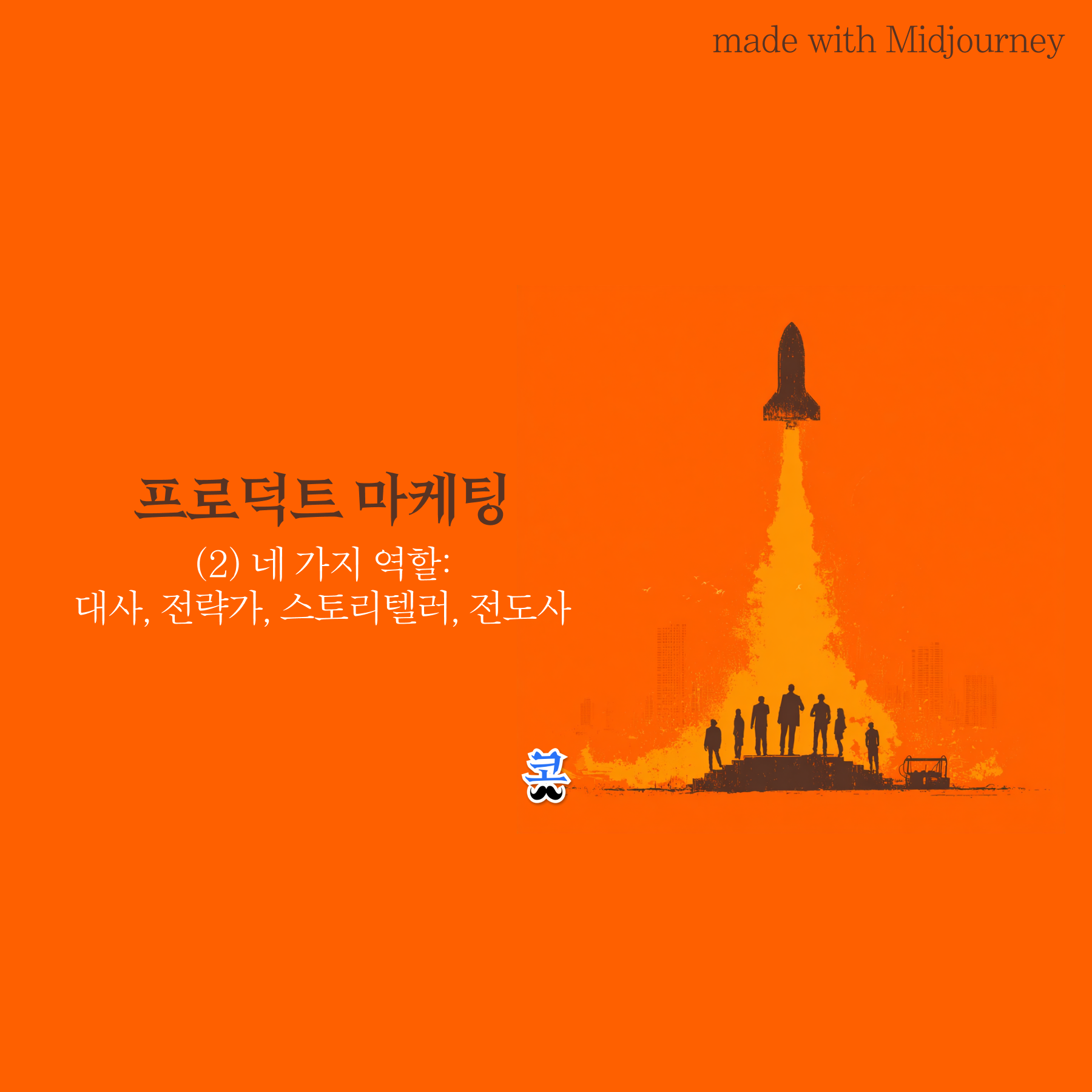 주황색 배경에 로켓 발사를 바라보는 사람들의 실루엣 일러스트와 "프로덕트 마케팅 (2) 네 가지 역할: 대사, 전략가, 스토리텔러, 전도사" 제목이 있는 썸네일 이미지.