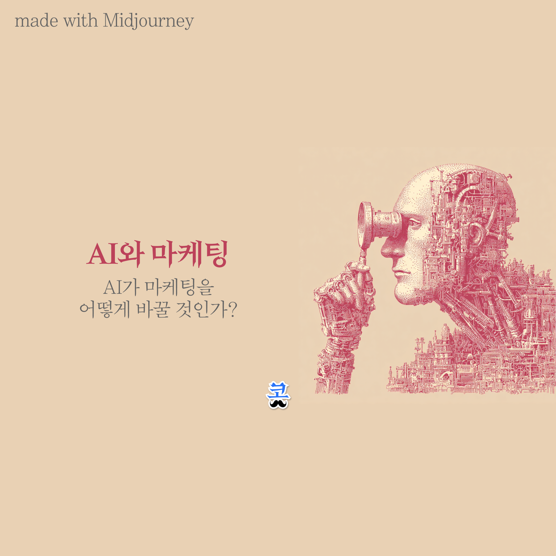 베이지색 배경에 돋보기를 들고 있는 기계 부품으로 이루어진 인간 얼굴의 정교한 빈티지 일러스트와 "AI와 마케팅 - AI가 마케팅을 어떻게 바꿀 것인가?" 제목이 있는 썸네일 이미지.