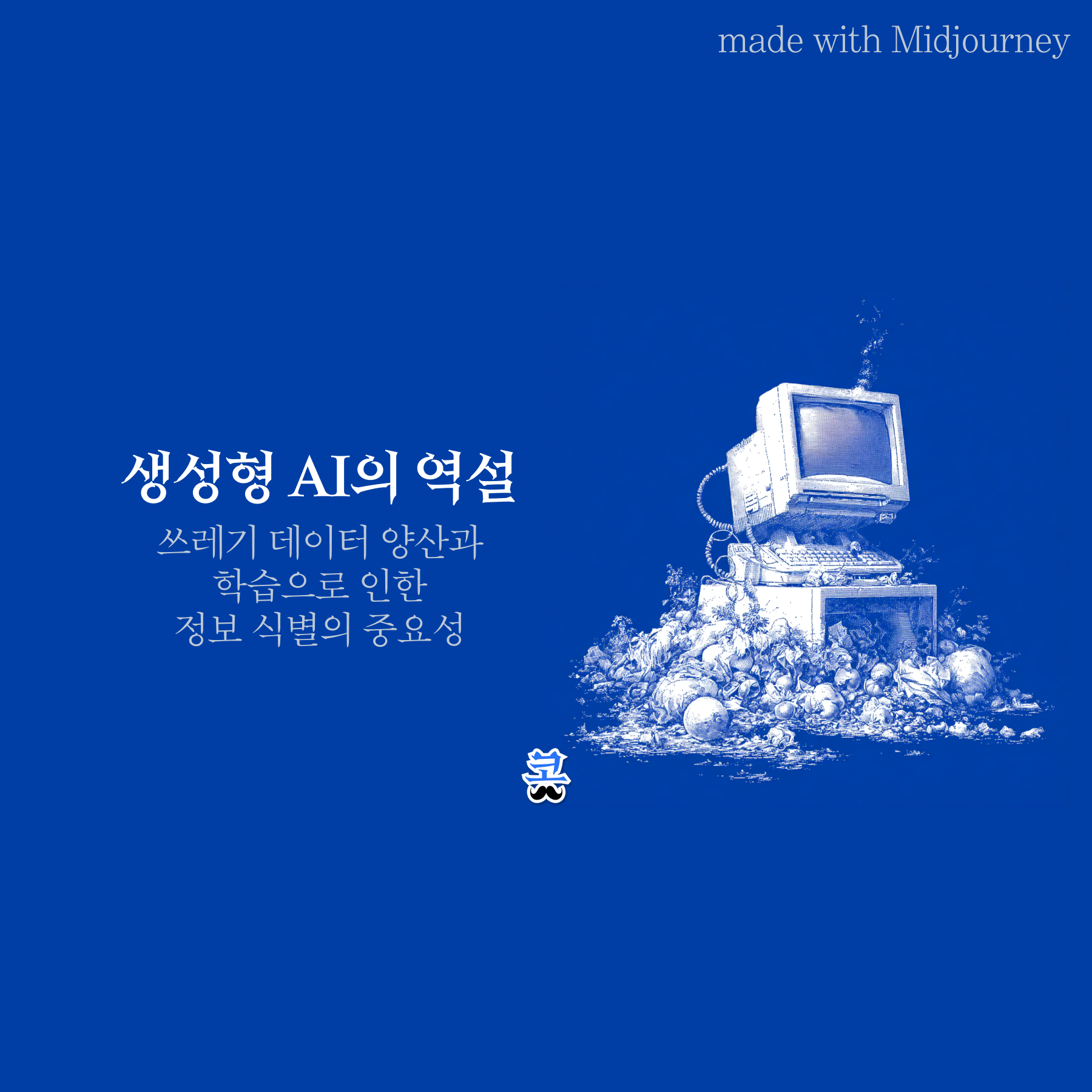 파란색 배경에 쓰레기 더미 위에 놓인 구형 컴퓨터의 빈티지 일러스트와 "생성형 AI의 역설 - 쓰레기 데이터 양산과 학습으로 인한 정보 식별의 중요성" 제목이 있는 썸네일 이미지.