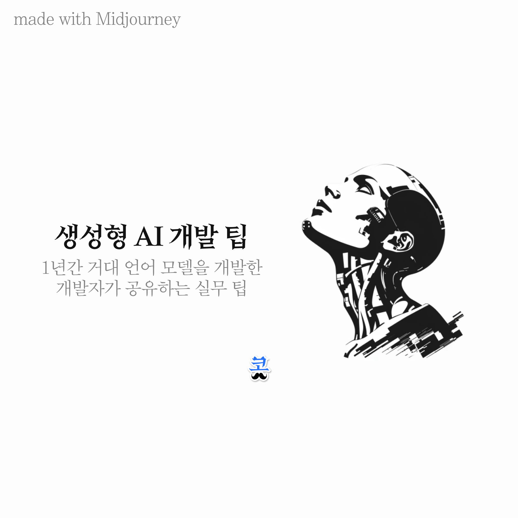 위를 올려다보는 AI 로봇의 흑백 일러스트. 흰색 배경에 '생성형 AI 개발 팁 — 1년간 거대 언어 모델을 개발한 개발자가 공유하는 실무 팁'이라는 텍스트가 적혀 있다.