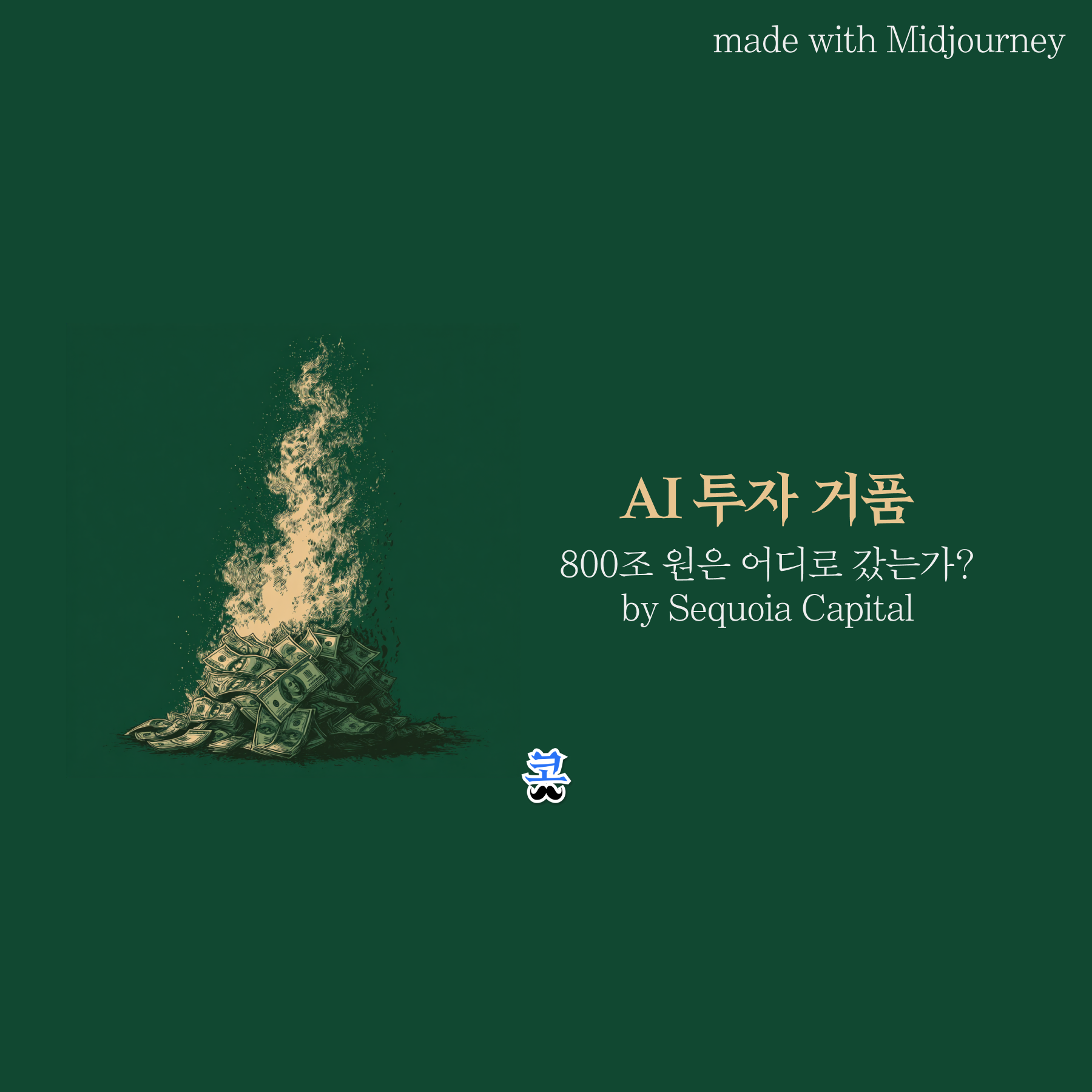 짙은 초록색 배경에 달러 지폐 더미가 불타는 빈티지 일러스트와 "AI 투자 거품 - 800조 원은 어디로 갔는가? by Sequoia Capital" 제목이 있는 썸네일 이미지.